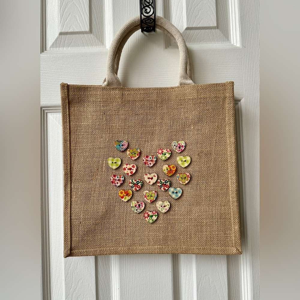 Tote bag, handmade with embellished with heart shaped buttons,